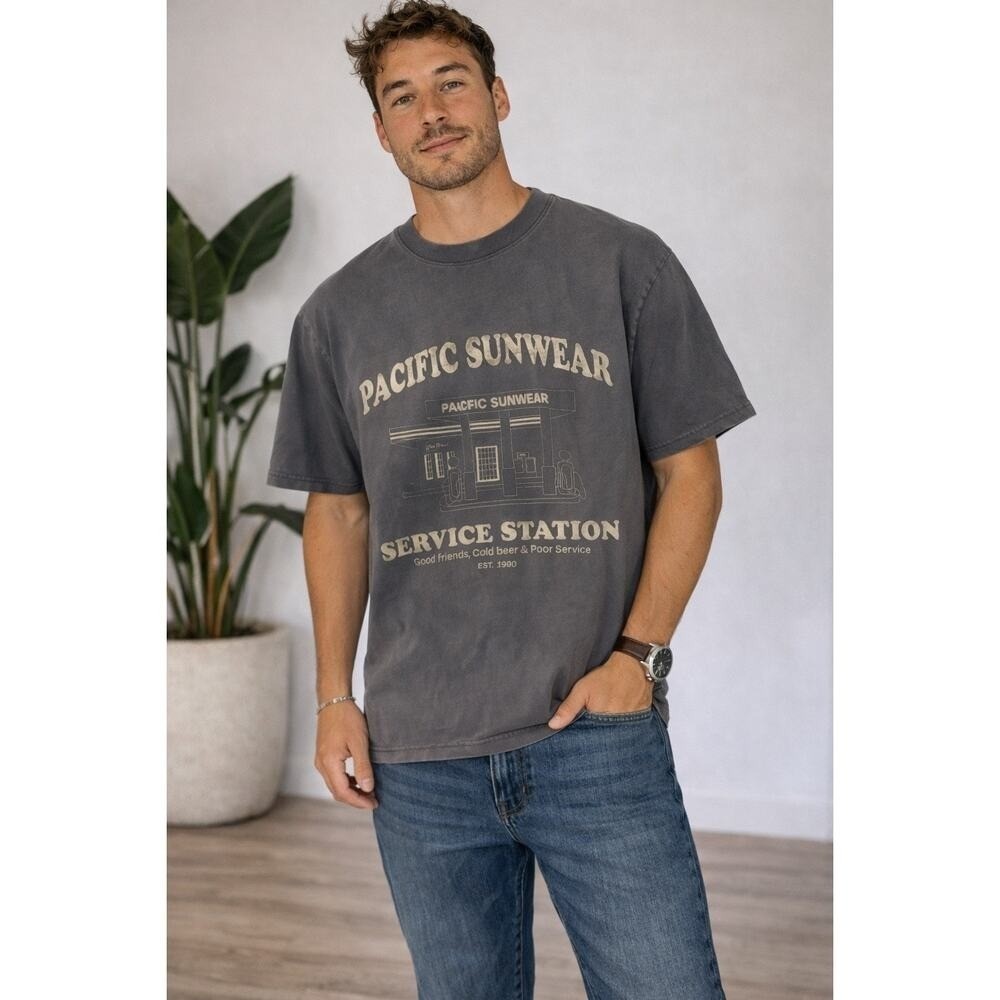 PacSun Pacific Sunwear Service Station Graphic Tee Mens Medium Gray - Picture 2 of 5